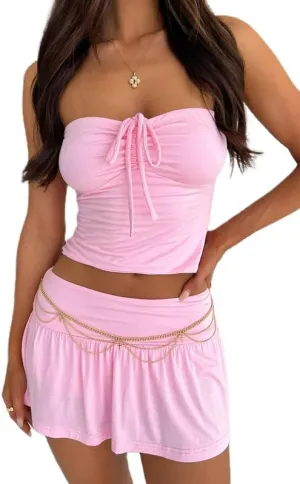 Women 2 Piece Mini Skirt Set Y2K Off Shoulder Tube Tops Ruffle Pleated Mini Skirts Night Party Outfit Set