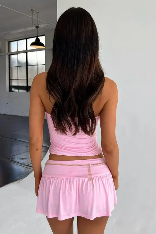 Women 2 Piece Mini Skirt Set Y2K Off Shoulder Tube Tops Ruffle Pleated Mini Skirts Night Party Outfit Set