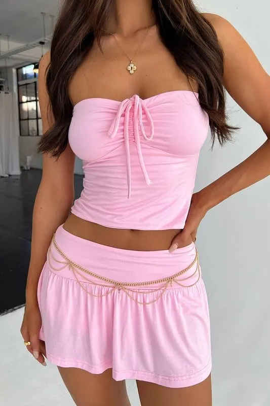 Women 2 Piece Mini Skirt Set Y2K Off Shoulder Tube Tops Ruffle Pleated Mini Skirts Night Party Outfit Set