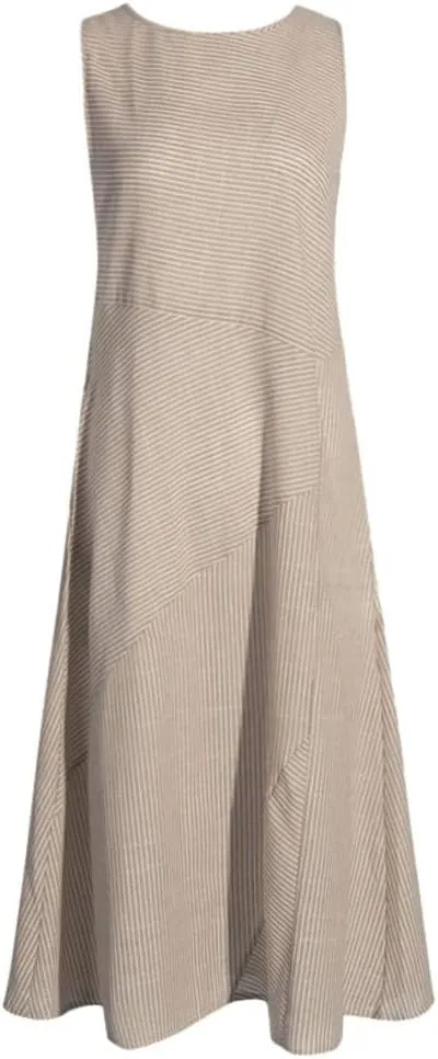 Women Casual Striped Print Sleeveless Dress Crew Neck Linen Pocket Long Dress