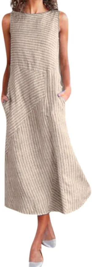 Women Casual Striped Print Sleeveless Dress Crew Neck Linen Pocket Long Dress