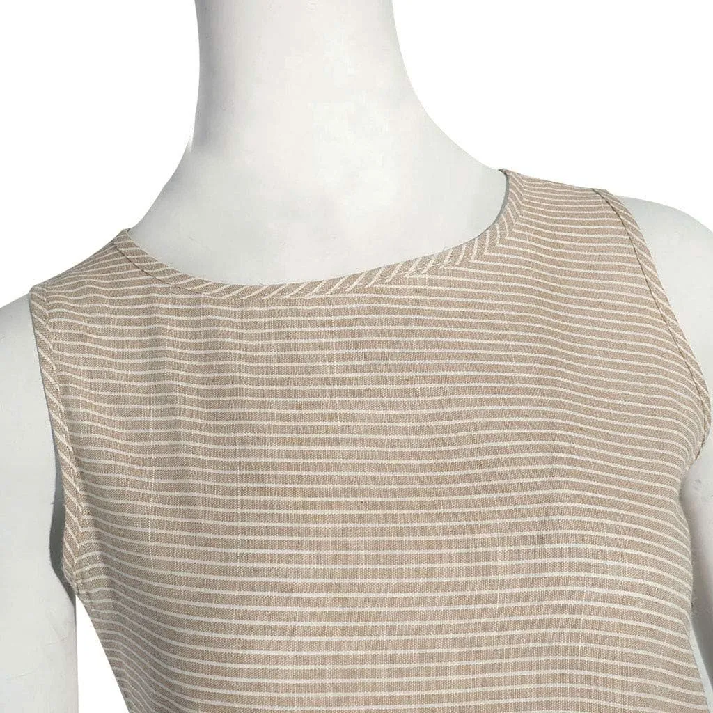 Women Casual Striped Print Sleeveless Dress Crew Neck Linen Pocket Long Dress