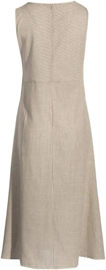 Women Casual Striped Print Sleeveless Dress Crew Neck Linen Pocket Long Dress