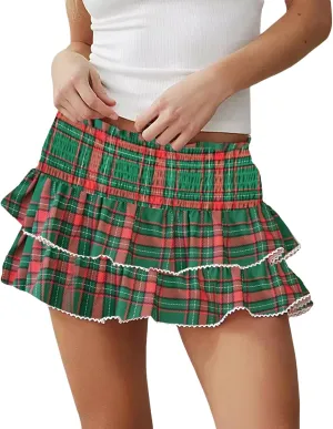 Women Christmas Lace Ruffle Mini Skirt Plaid Pleated Lace Short Skirts Y2k Gingham Skirts Teen Girls Streetwear