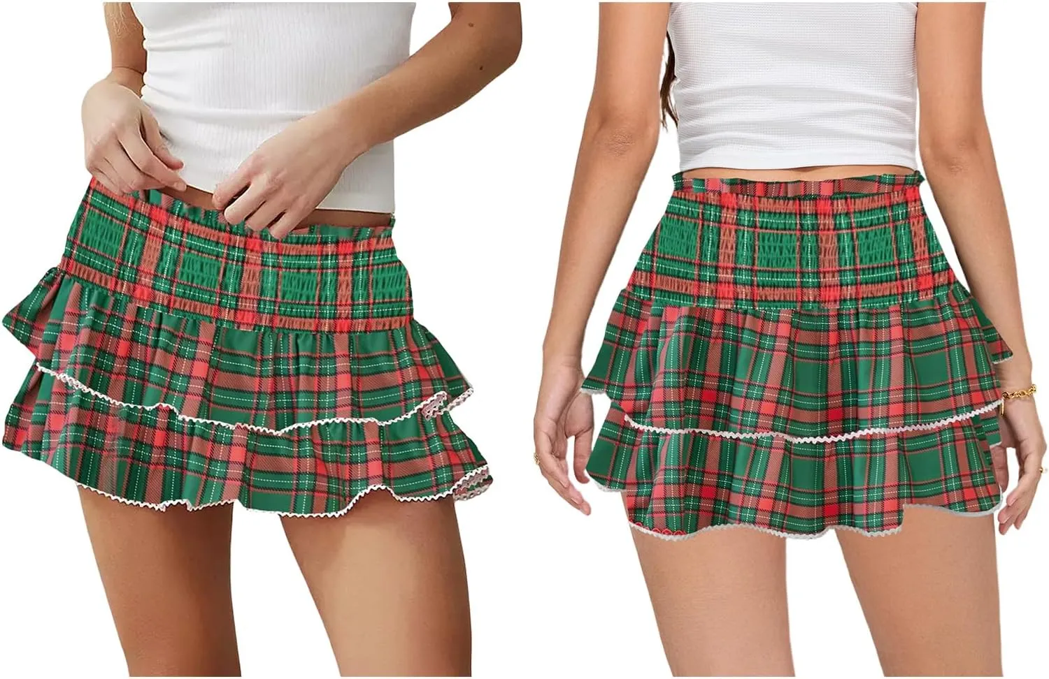 Women Christmas Lace Ruffle Mini Skirt Plaid Pleated Lace Short Skirts Y2k Gingham Skirts Teen Girls Streetwear