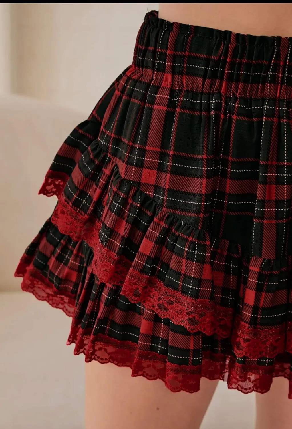 Women Christmas Lace Ruffle Mini Skirt Plaid Pleated Lace Short Skirts Y2k Gingham Skirts Teen Girls Streetwear