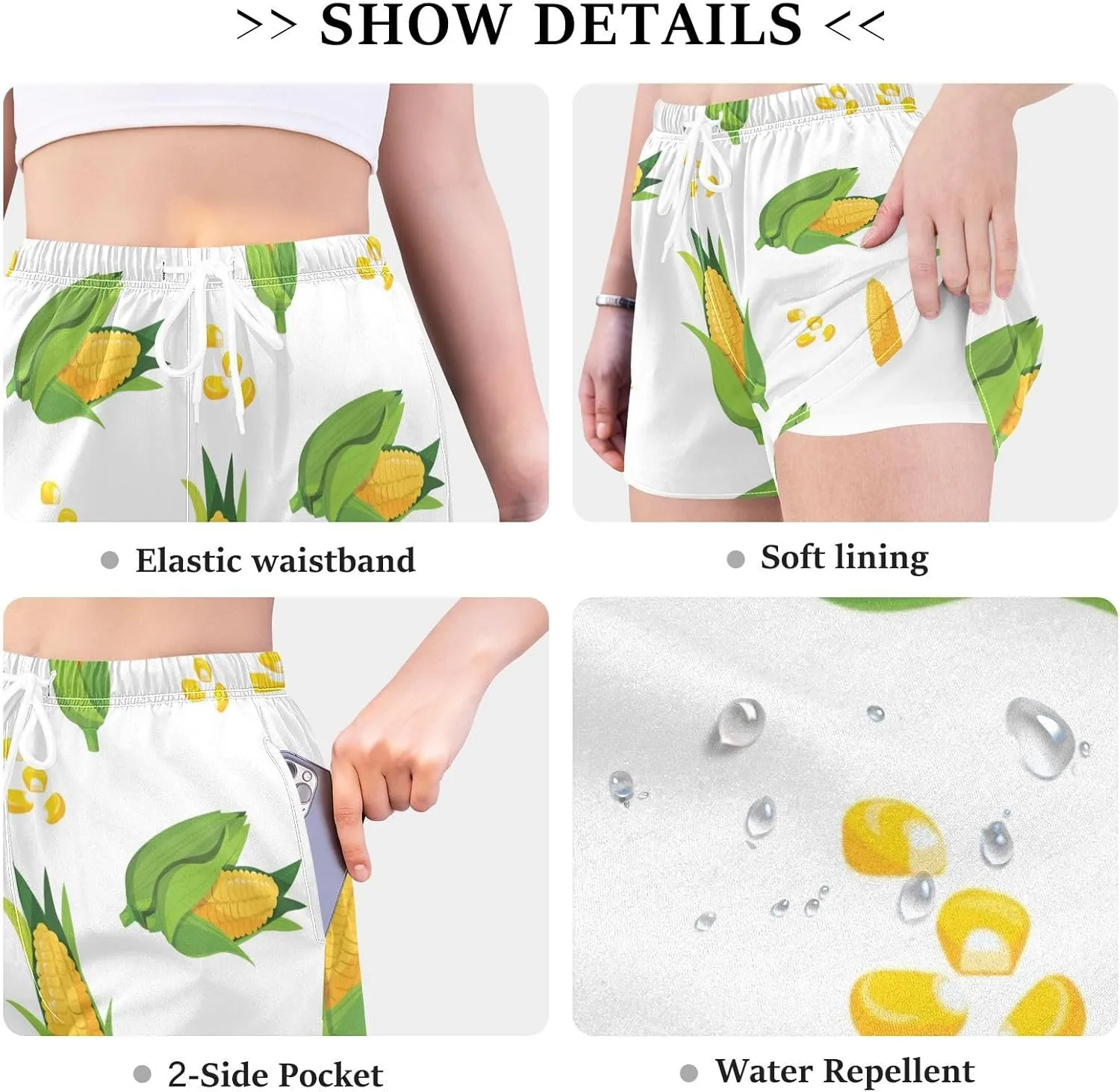 Women Corn Pattern Running Hiking Shorts Athletic Active Shorts with Liner Quick Dry Sports Shorts