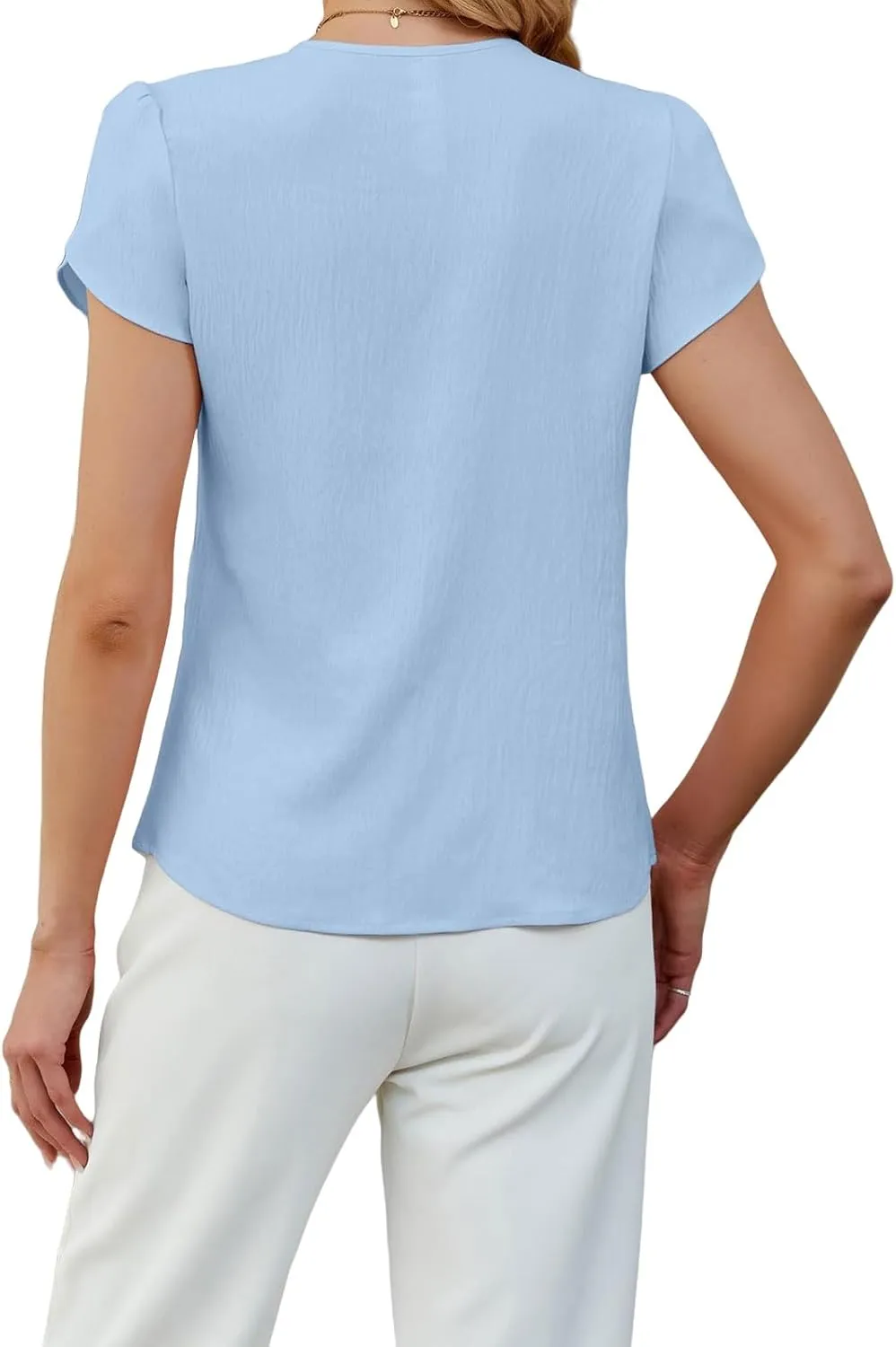 Women Dressy Casual Tops Petal Short Sleeve Shirts V Neck Work Blouses Business Shirt Pleated Keyhole Tunics