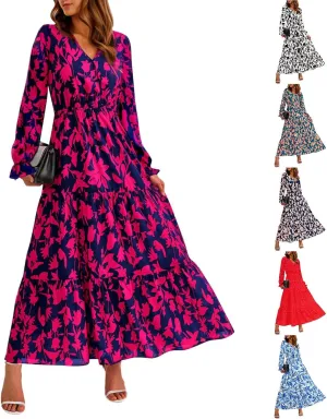 Women Fall Dresses 2025 Casual Long Sleeve V Neck Wedding Guest Dress Floral Boho Flowy Elegant Maxi Dresses