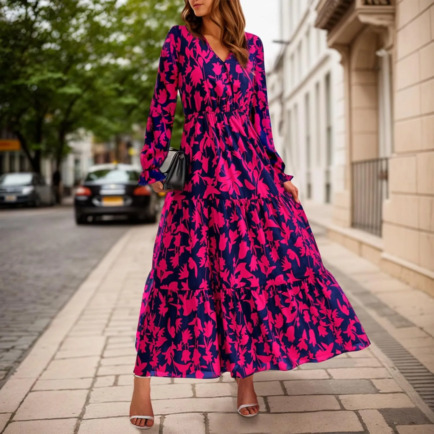 Women Fall Dresses 2025 Casual Long Sleeve V Neck Wedding Guest Dress Floral Boho Flowy Elegant Maxi Dresses