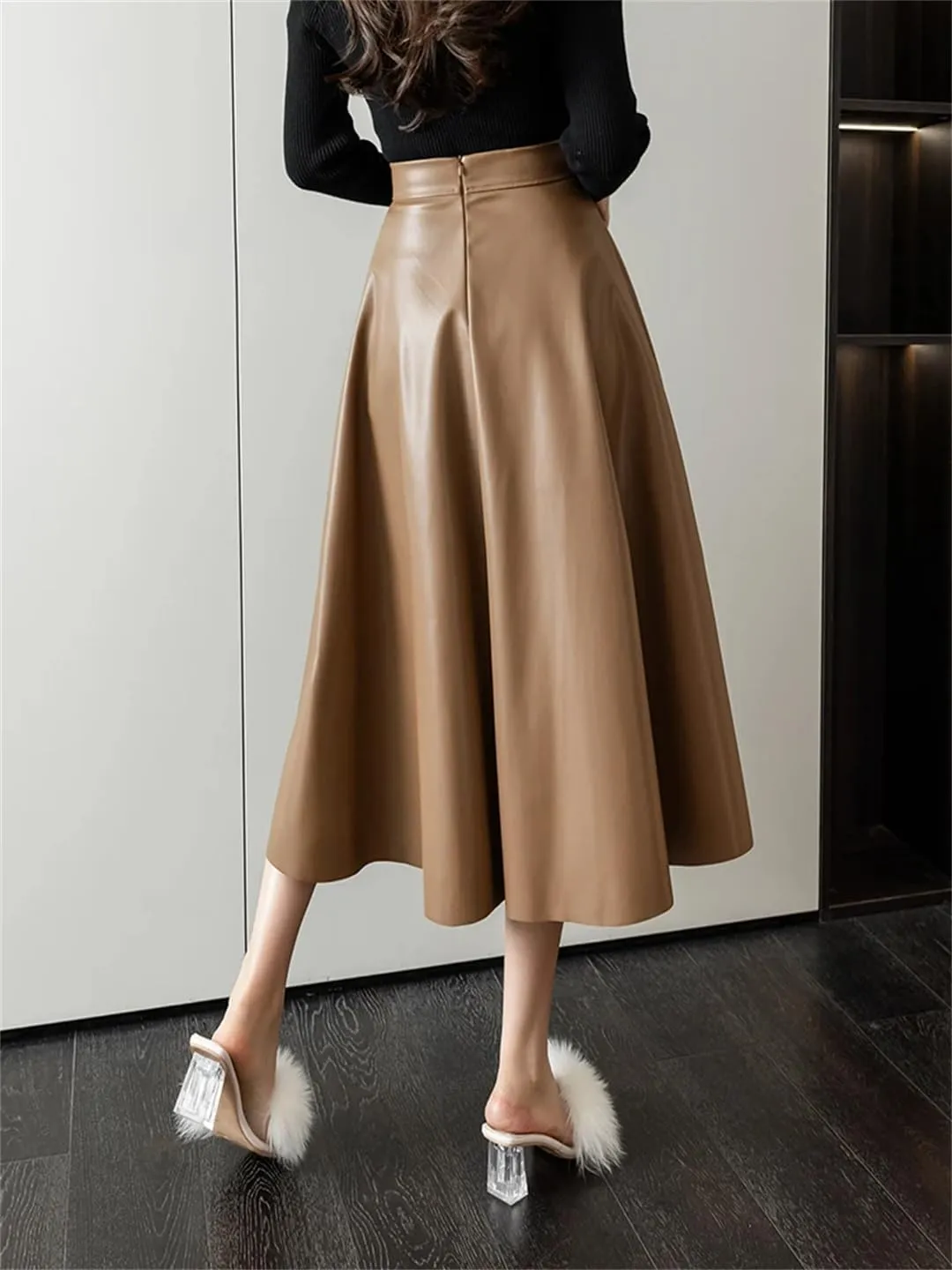 Women High Waist Elegant Office PU Leather A-Line Skirt for Long Skirts
