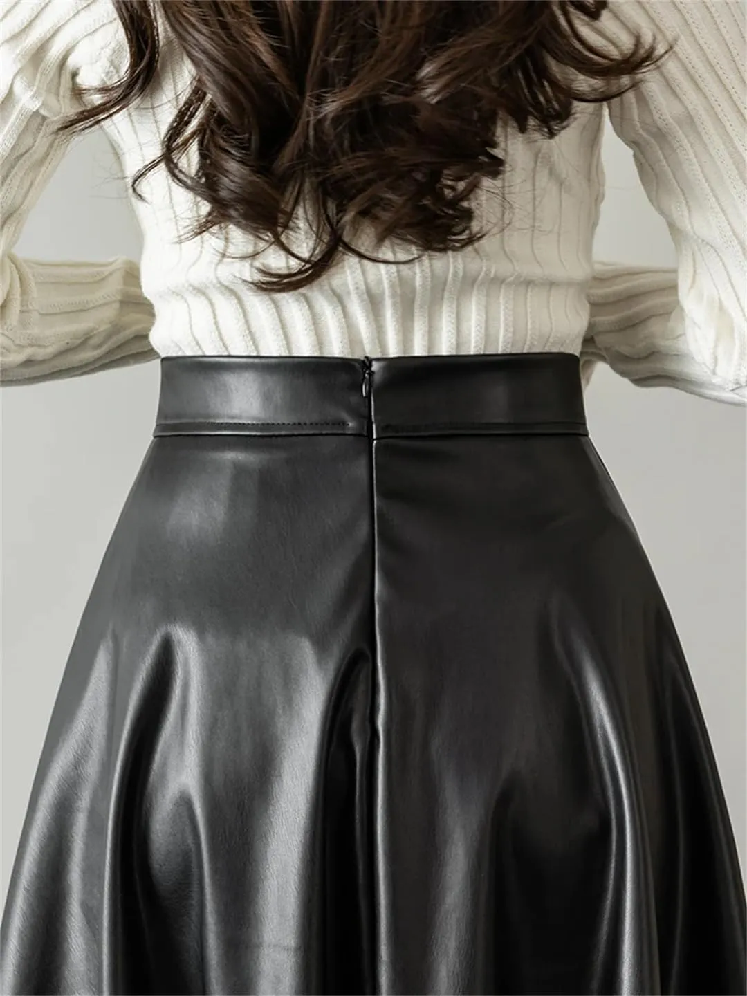 Women High Waist Elegant Office PU Leather A-Line Skirt for Long Skirts