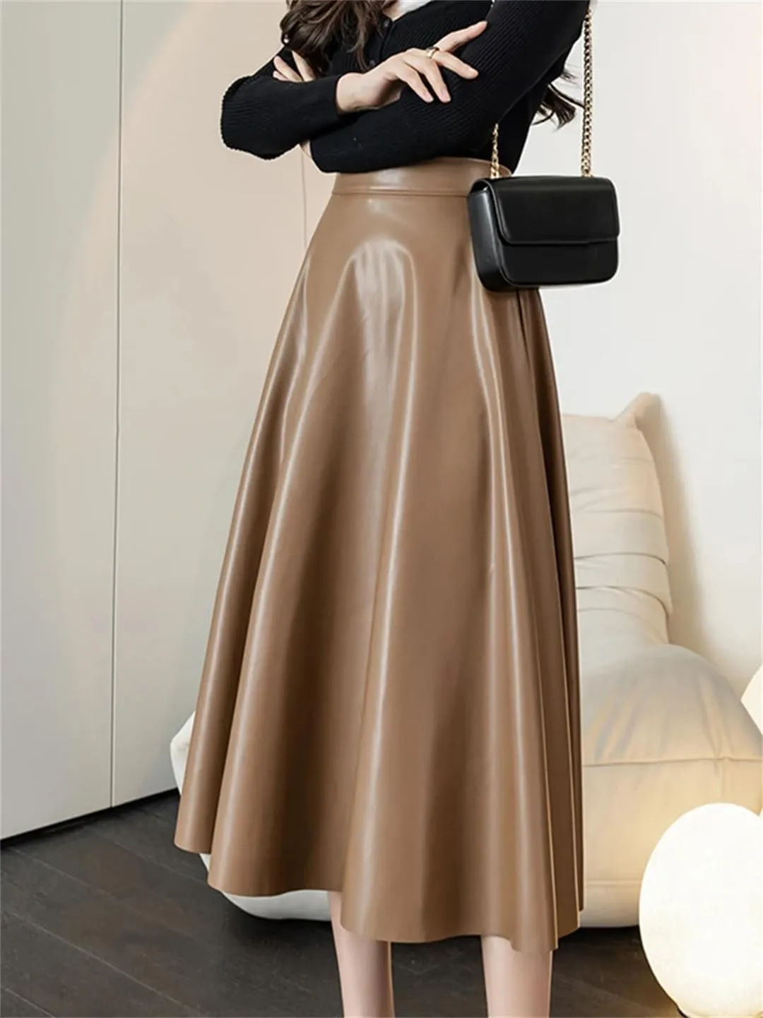 Women High Waist Elegant Office PU Leather A-Line Skirt for Long Skirts