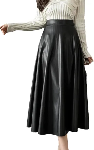 Women High Waist Elegant Office PU Leather A-Line Skirt for Long Skirts