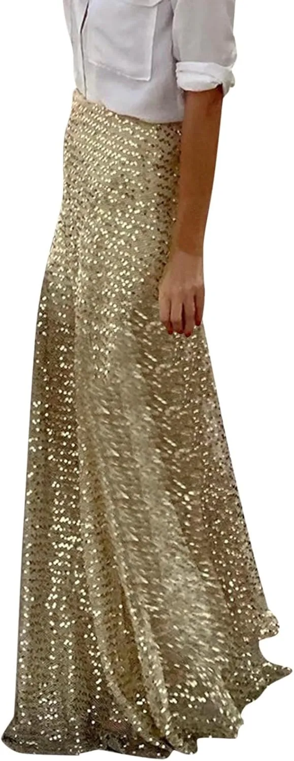 Women High Waisted Skirts Gold Sequin Glitter Skirt Elegant Slim Fit Summer Long Length Skirt Sexy Flowy Maxi