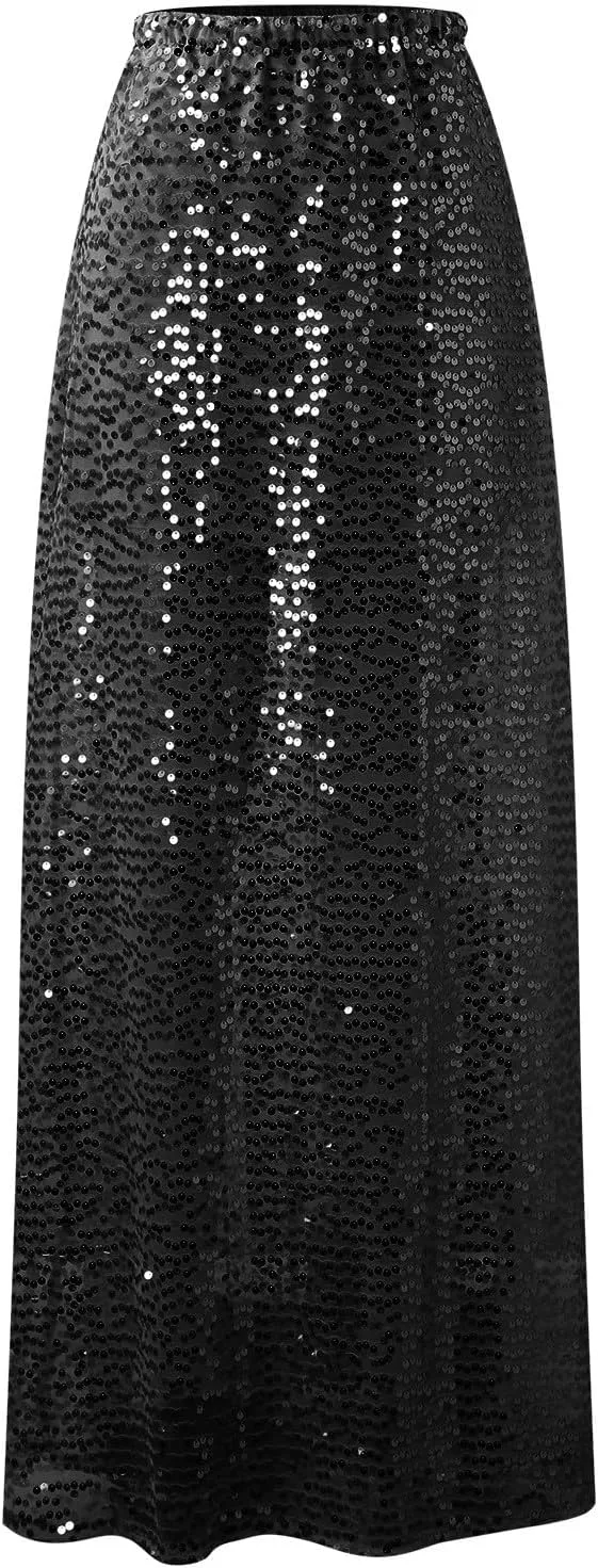 Women High Waisted Skirts Gold Sequin Glitter Skirt Elegant Slim Fit Summer Long Length Skirt Sexy Flowy Maxi