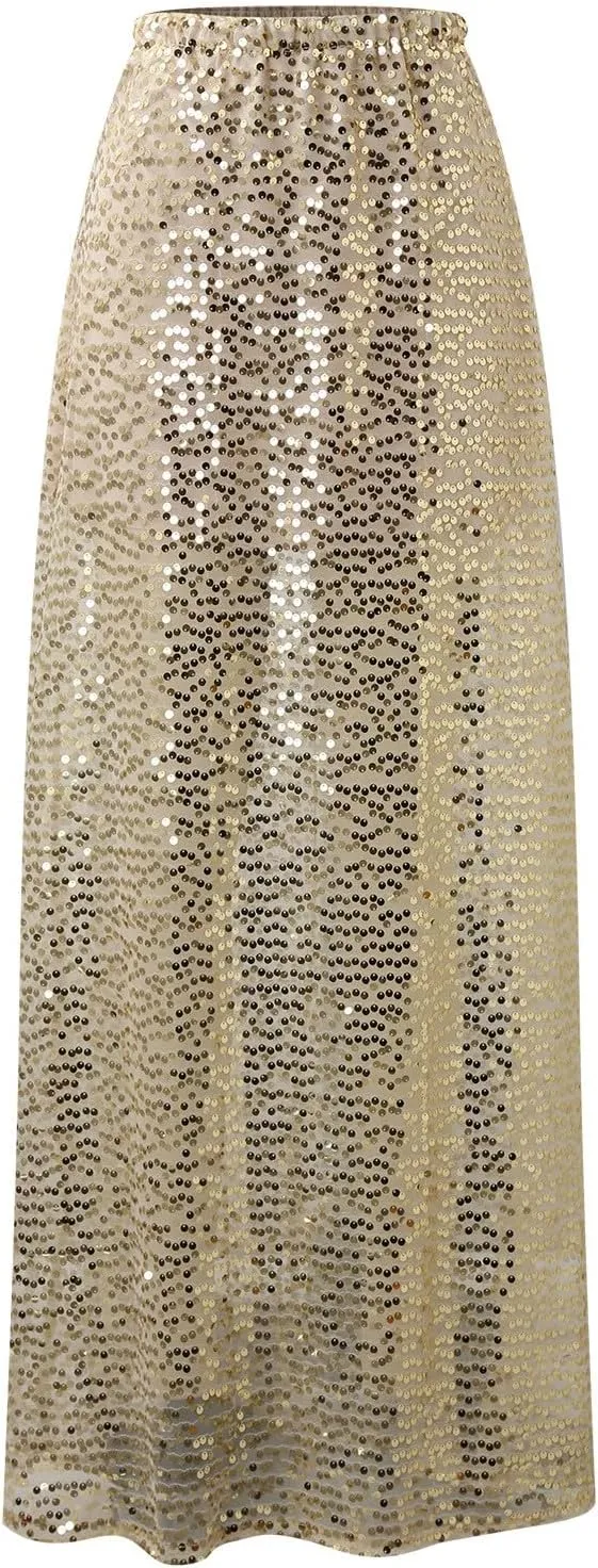 Women High Waisted Skirts Gold Sequin Glitter Skirt Elegant Slim Fit Summer Long Length Skirt Sexy Flowy Maxi