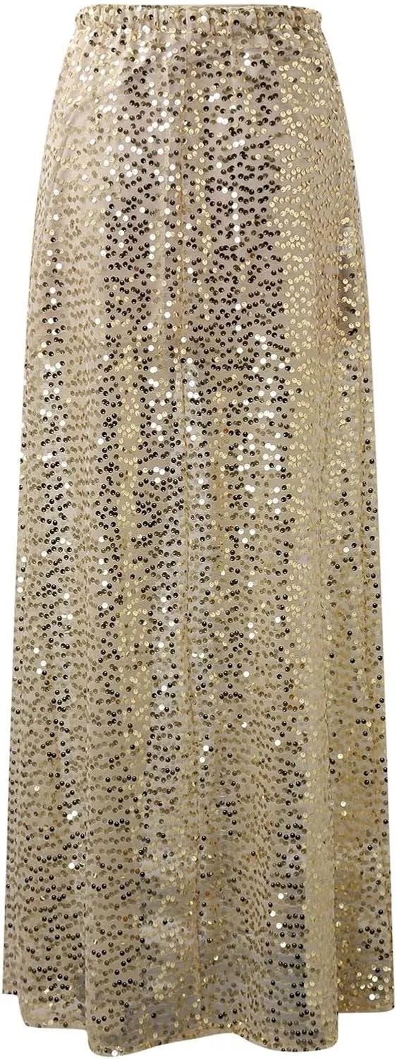 Women High Waisted Skirts Gold Sequin Glitter Skirt Elegant Slim Fit Summer Long Length Skirt Sexy Flowy Maxi