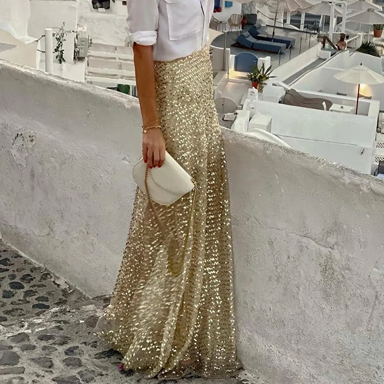 Women High Waisted Skirts Gold Sequin Glitter Skirt Elegant Slim Fit Summer Long Length Skirt Sexy Flowy Maxi