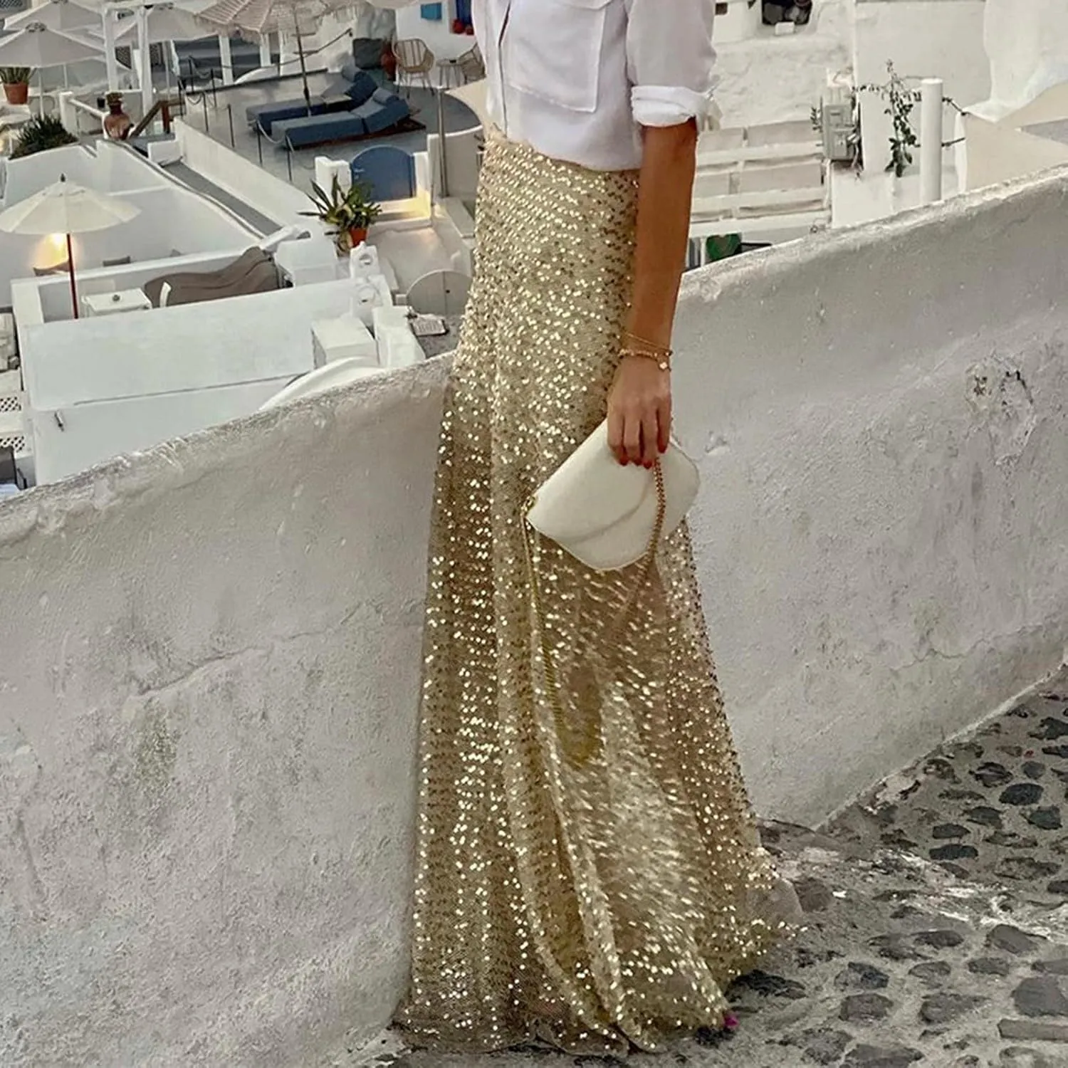 Women High Waisted Skirts Gold Sequin Glitter Skirt Elegant Slim Fit Summer Long Length Skirt Sexy Flowy Maxi