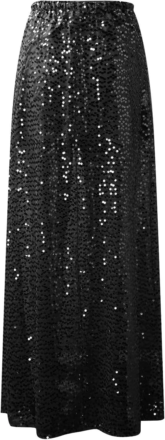 Women High Waisted Skirts Gold Sequin Glitter Skirt Elegant Slim Fit Summer Long Length Skirt Sexy Flowy Maxi