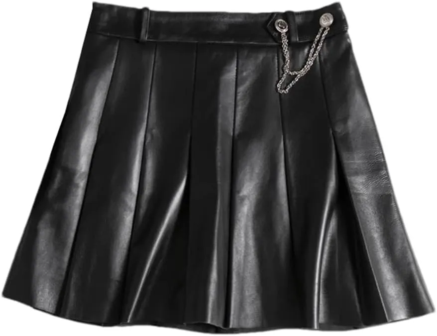 Women Lambskin Mini Pleated Skirt Strech Slim Short Blue White A-Line Skirt