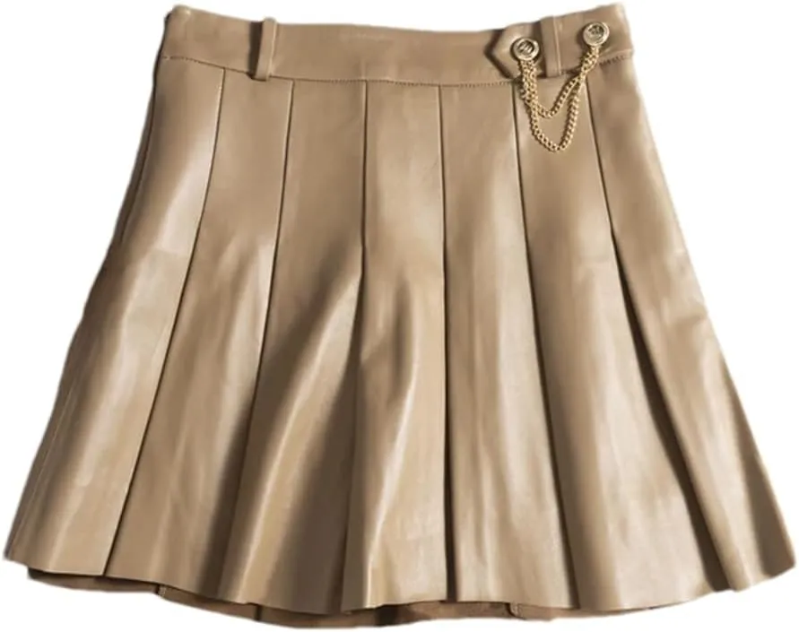 Women Lambskin Mini Pleated Skirt Strech Slim Short Blue White A-Line Skirt