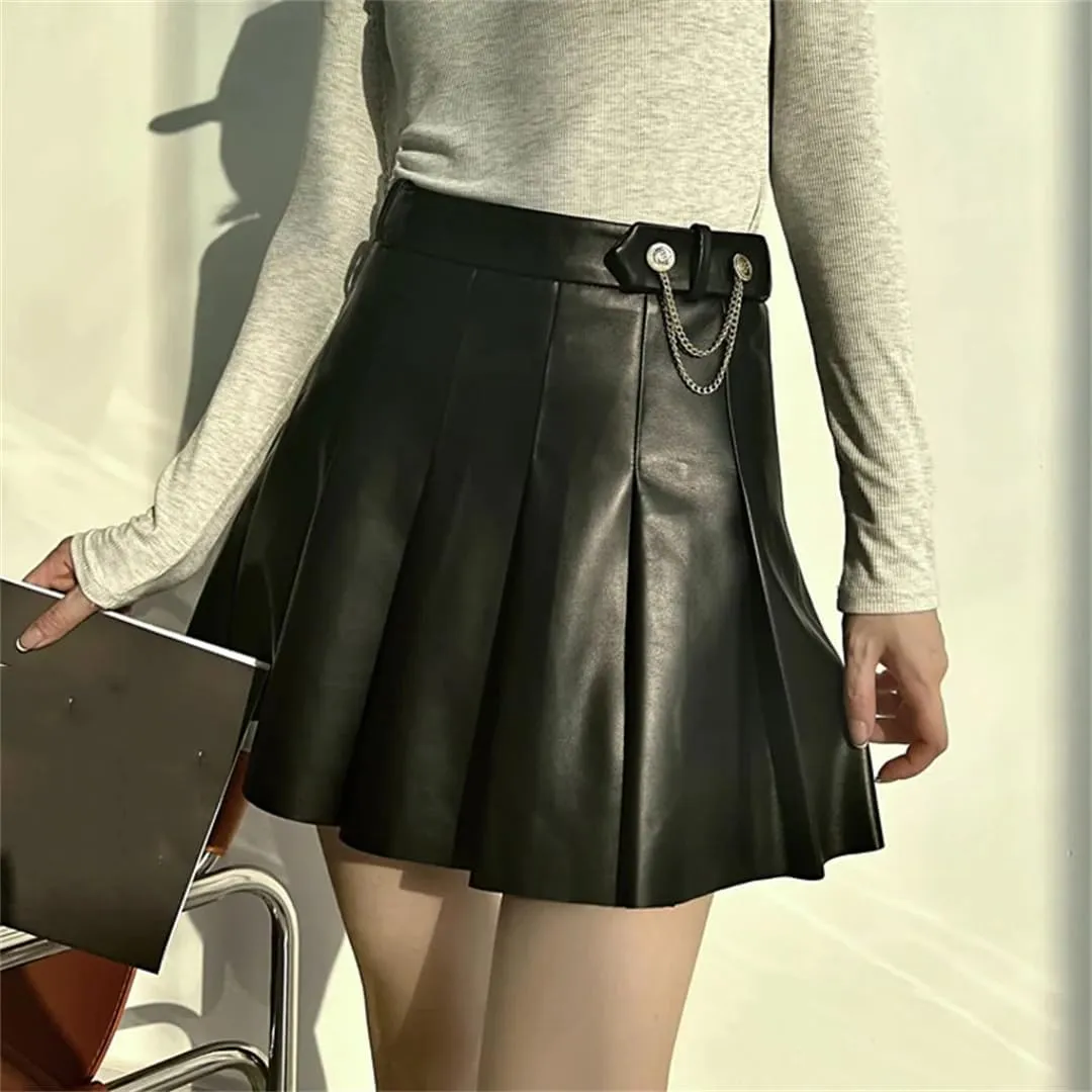Women Lambskin Mini Pleated Skirt Strech Slim Short Blue White A-Line Skirt