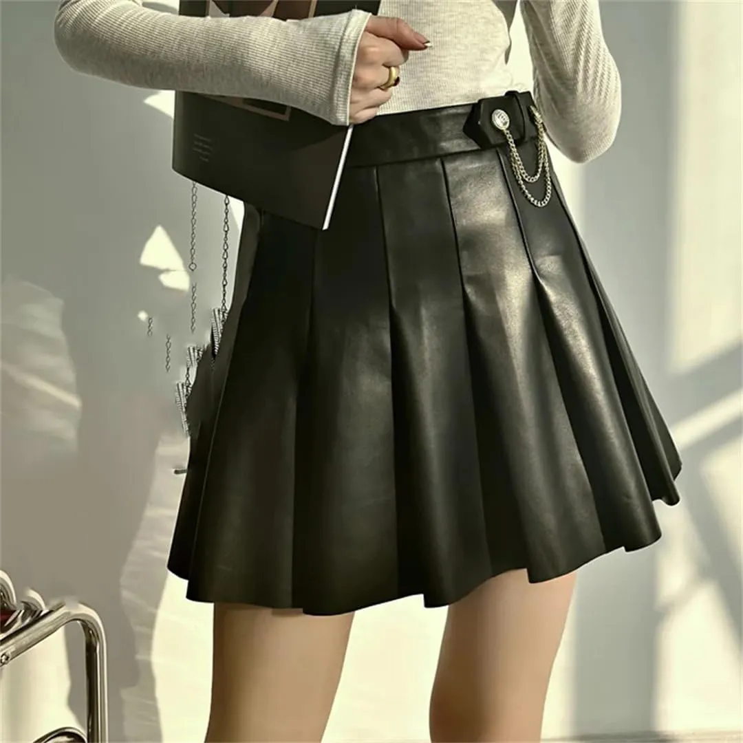Women Lambskin Mini Pleated Skirt Strech Slim Short Blue White A-Line Skirt