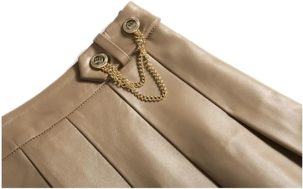 Women Lambskin Mini Pleated Skirt Strech Slim Short Blue White A-Line Skirt