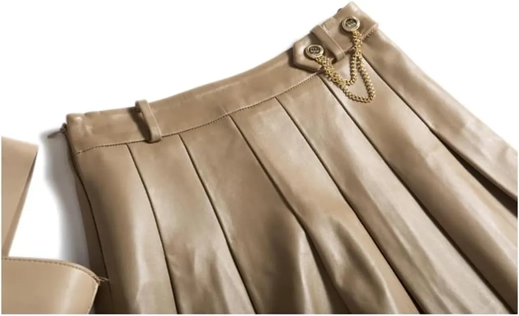 Women Lambskin Mini Pleated Skirt Strech Slim Short Blue White A-Line Skirt