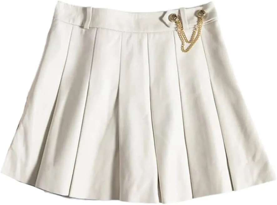 Women Lambskin Mini Pleated Skirt Strech Slim Short Blue White A-Line Skirt
