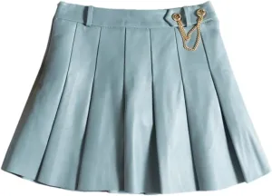 Women Lambskin Mini Pleated Skirt Strech Slim Short Blue White A-Line Skirt