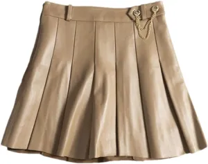 Women Lambskin Mini Pleated Skirt Strech Slim Short Blue White A-Line Skirt
