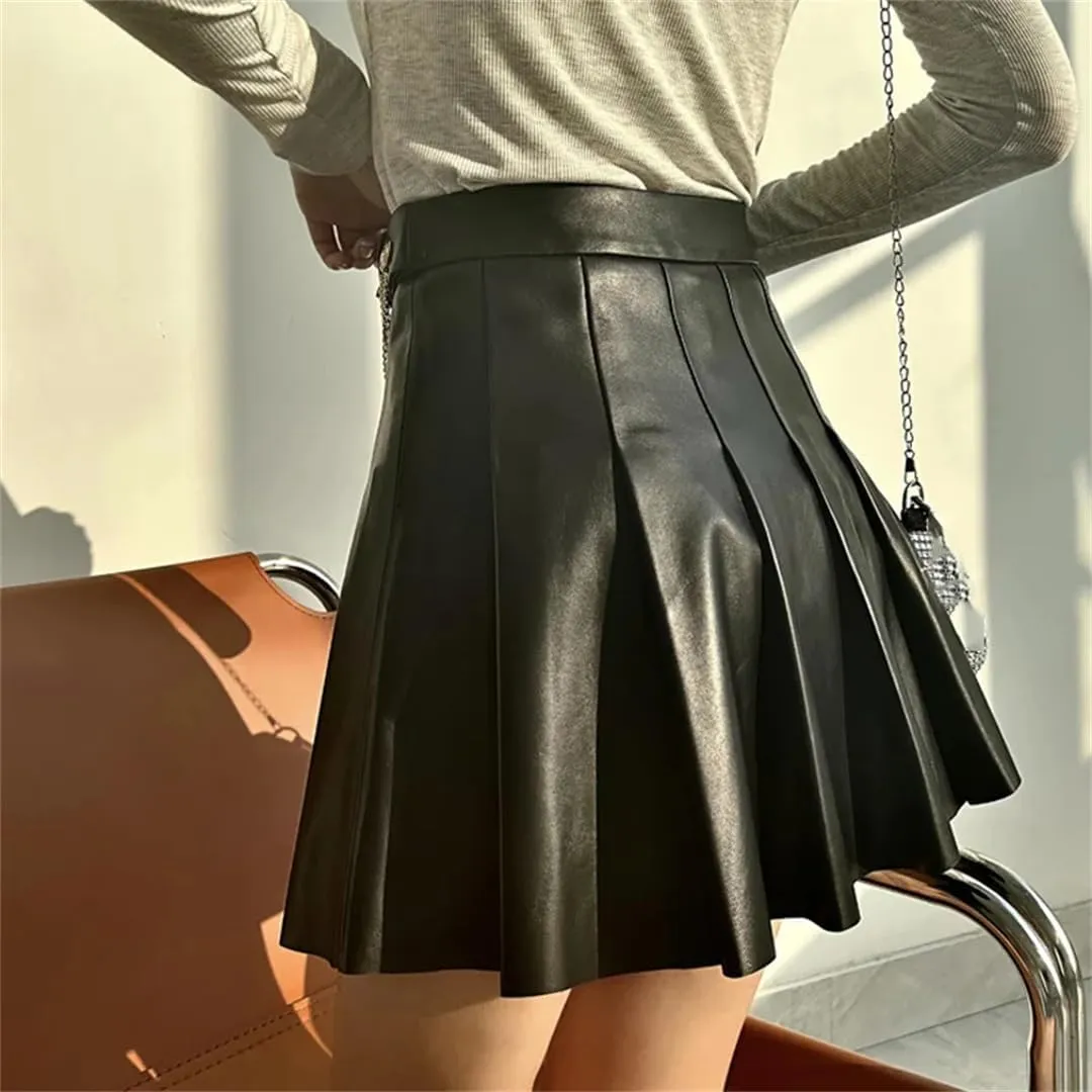 Women Lambskin Mini Pleated Skirt Strech Slim Short Blue White A-Line Skirt