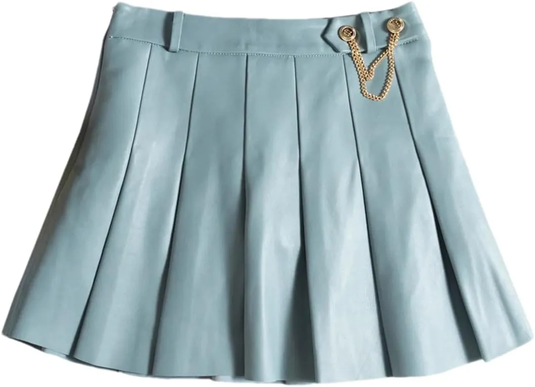 Women Lambskin Mini Pleated Skirt Strech Slim Short Blue White A-Line Skirt