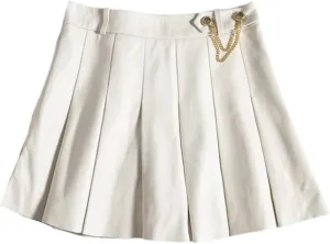 Women Lambskin Mini Pleated Skirt Strech Slim Short Blue White A-Line Skirt