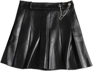 Women Lambskin Mini Pleated Skirt Strech Slim Short Blue White A-Line Skirt