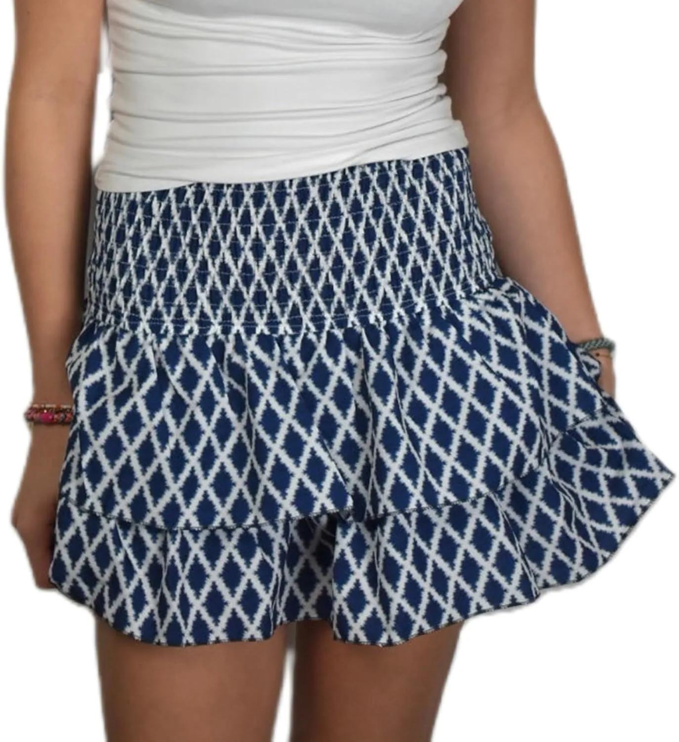 Women Layered Mini Skirt Elastic Waist Smocked Pleated Ruffle Short Skirt Summer Boho Floral Flowy Beach Skirt