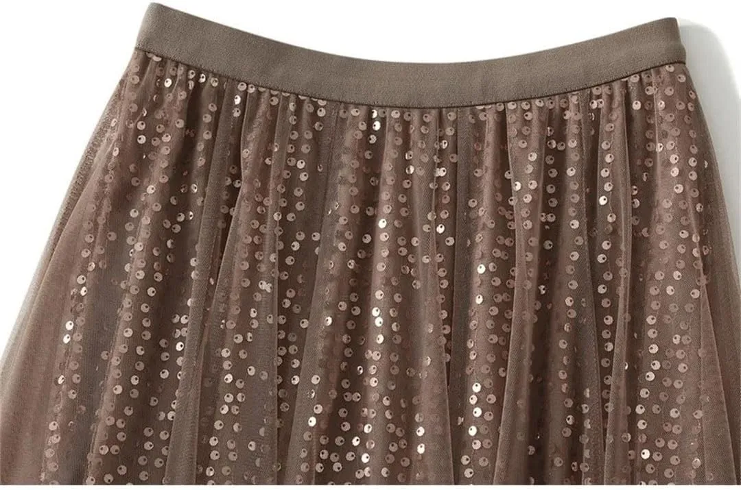 Women Mesh High Waist Tulle Ruffle A-LINE Skirt
