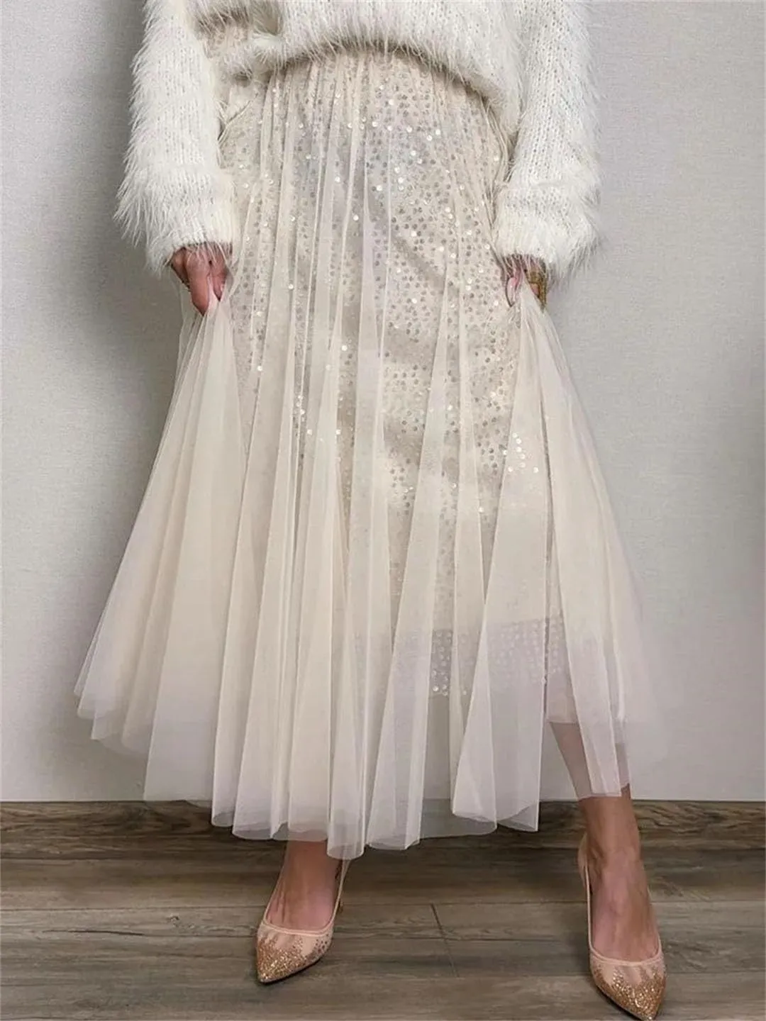 Women Mesh High Waist Tulle Ruffle A-LINE Skirt