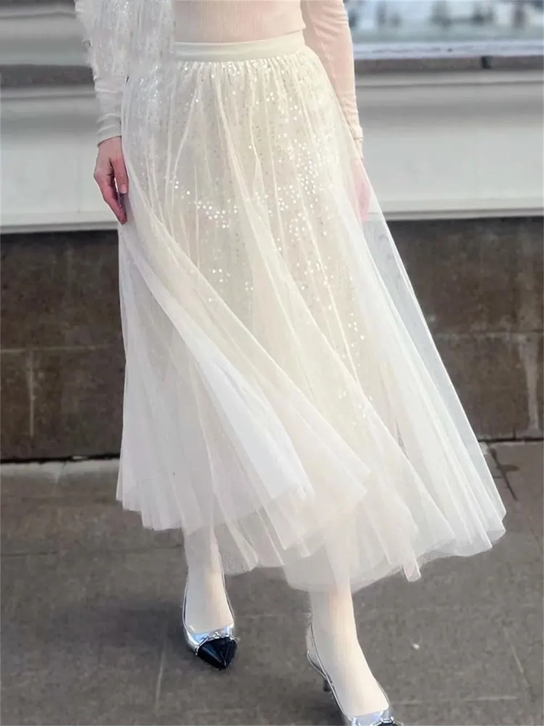 Women Mesh High Waist Tulle Ruffle A-LINE Skirt