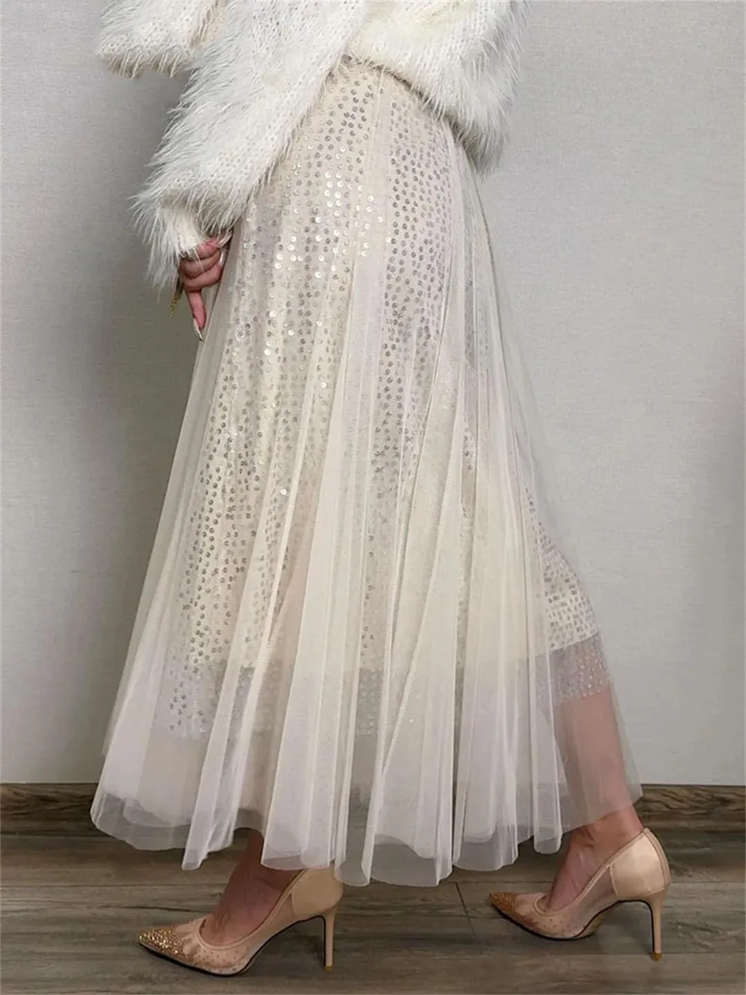 Women Mesh High Waist Tulle Ruffle A-LINE Skirt
