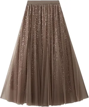 Women Mesh High Waist Tulle Ruffle A-LINE Skirt