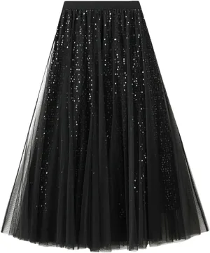Women Mesh High Waist Tulle Ruffle A-LINE Skirt