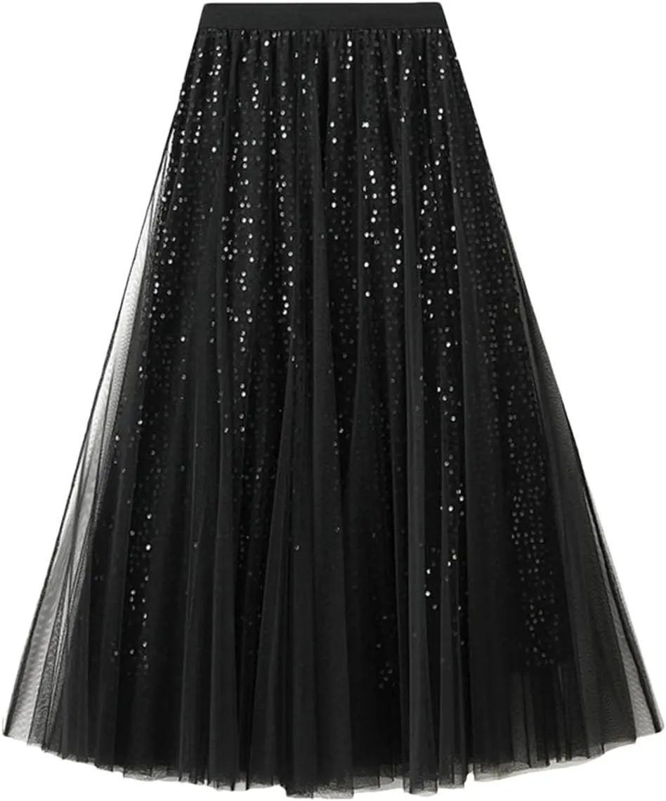 Women Mesh High Waist Tulle Ruffle A-LINE Skirt