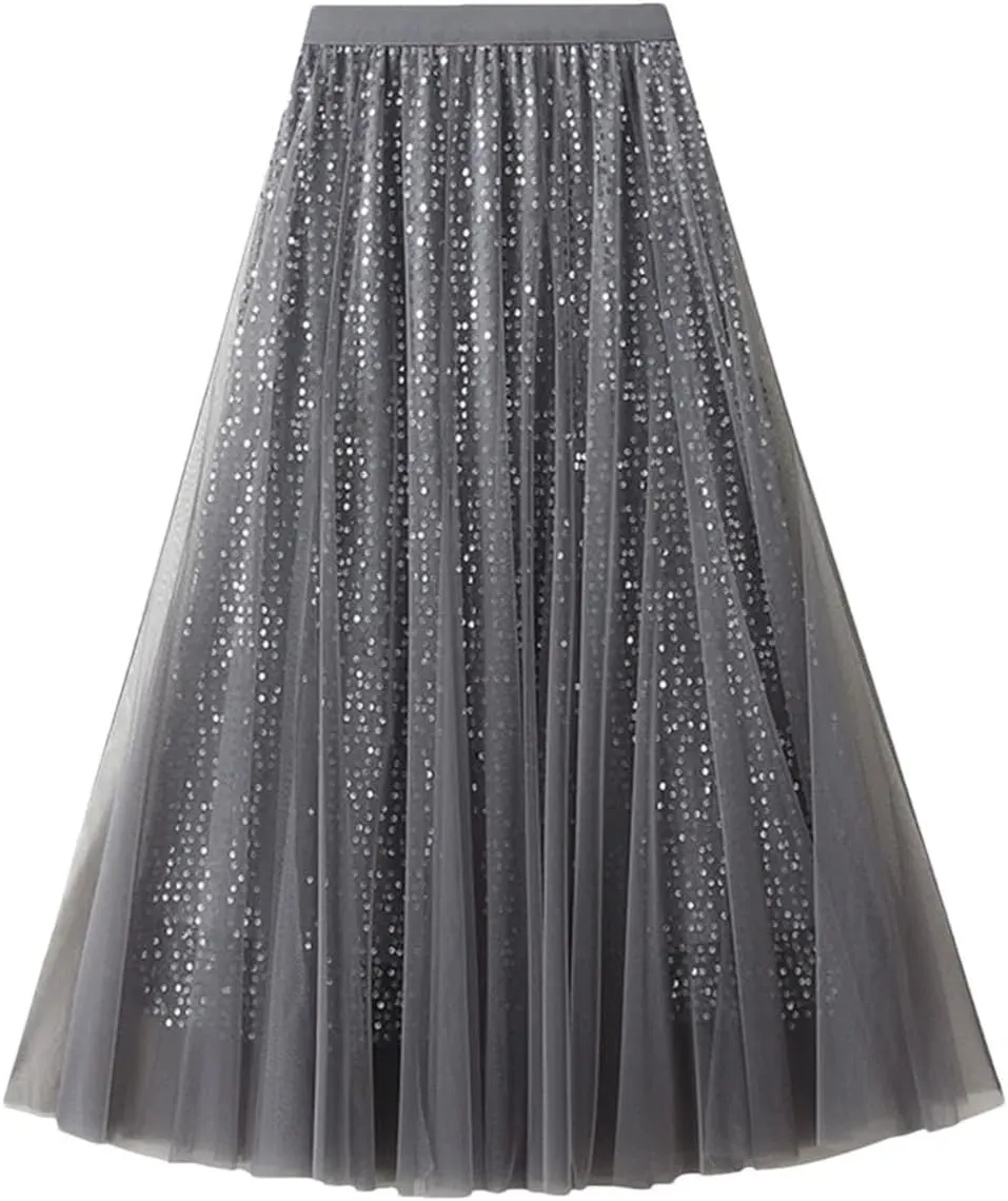 Women Mesh High Waist Tulle Ruffle A-LINE Skirt