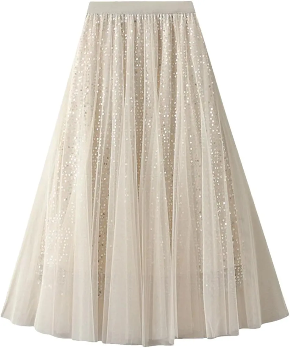 Women Mesh High Waist Tulle Ruffle A-LINE Skirt