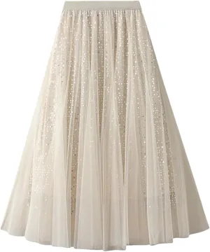 Women Mesh High Waist Tulle Ruffle A-LINE Skirt