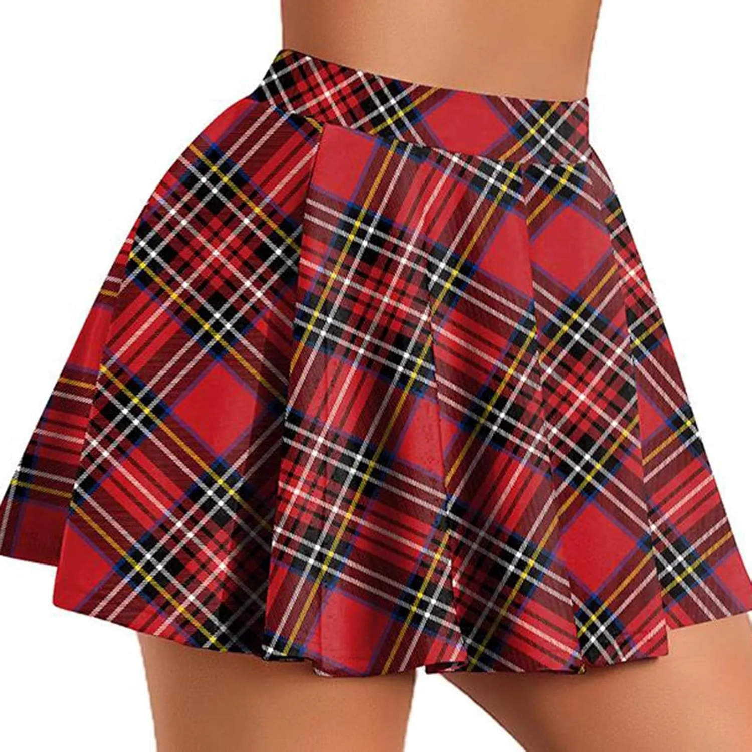 Women Plaid Mini Skirts Vintage High Waisted Pleated Skirt Elastic Stretchy A Line Skirts Tartan Skirt